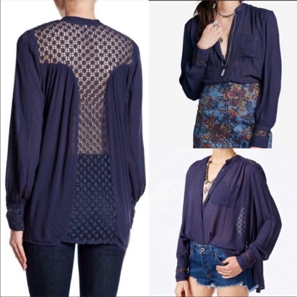 Free People  Navy Crochet Back Blouse Womens Boho Sheer Long Sleeve Top Cottage